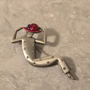 Vintage JJ Red Hat Lady Brooch Rhinestones Brooch 3” Long Silver Tone